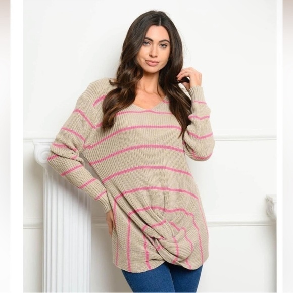 Oversized Striped Waffle Front Knot Sweater - Picture 1 of 3